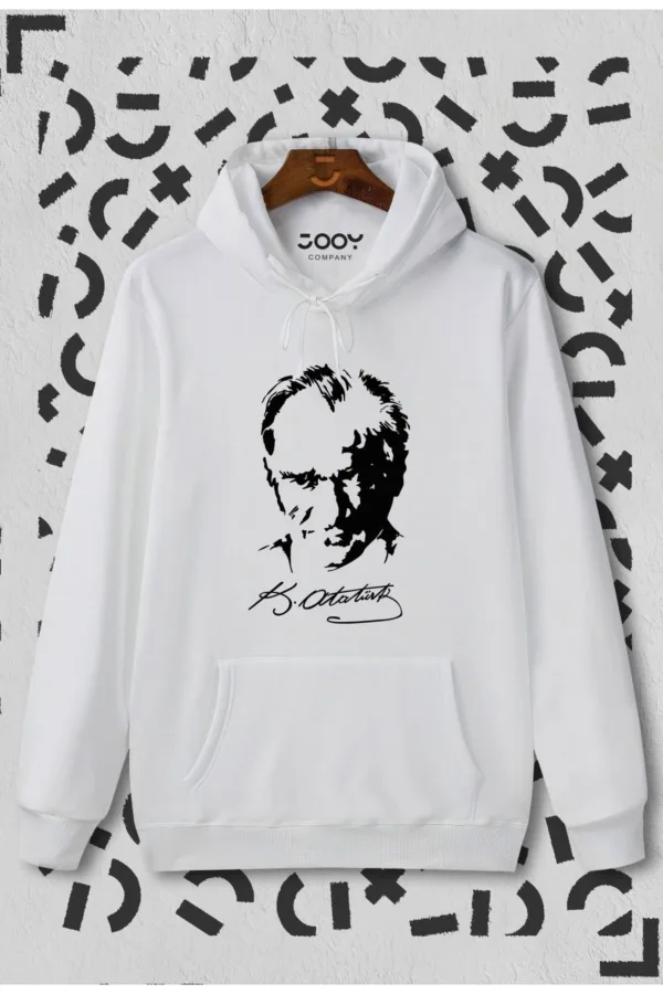 Atatürk Siluet Imza Beyaz Kapüşonlu Sweatshirt Hoodie - S-alttext1