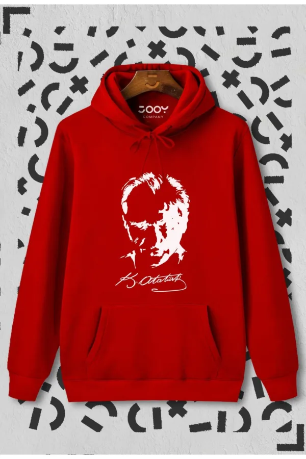 Atatürk Siluet Imza Kırmızı Kapüşonlu Sweatshirt Hoodie - L-alttext1