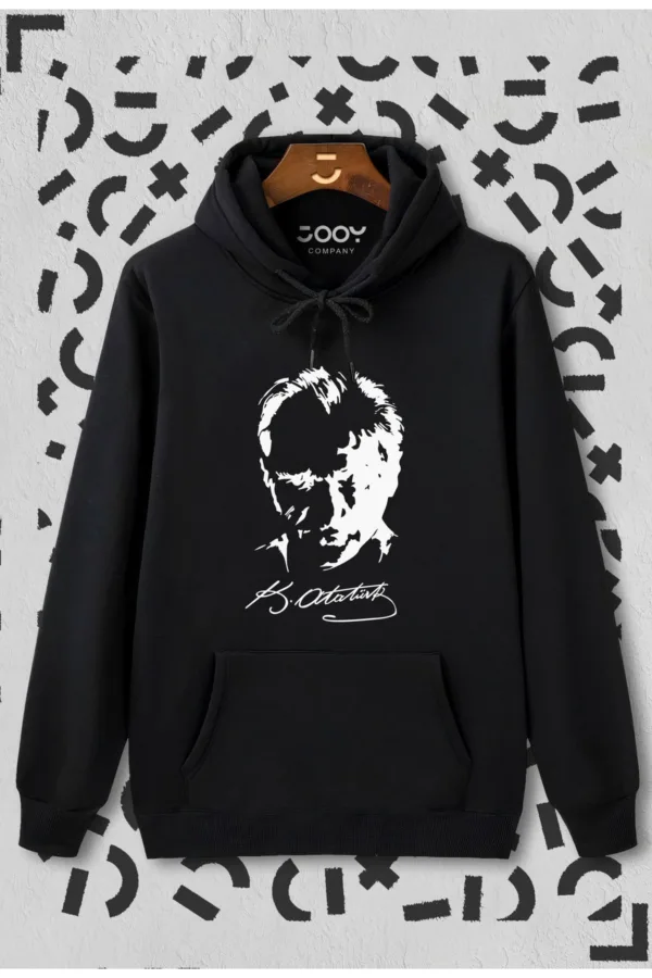 Atatürk Siluet Imza Siyah Kapüşonlu Sweatshirt Hoodie - XL-alttext1
