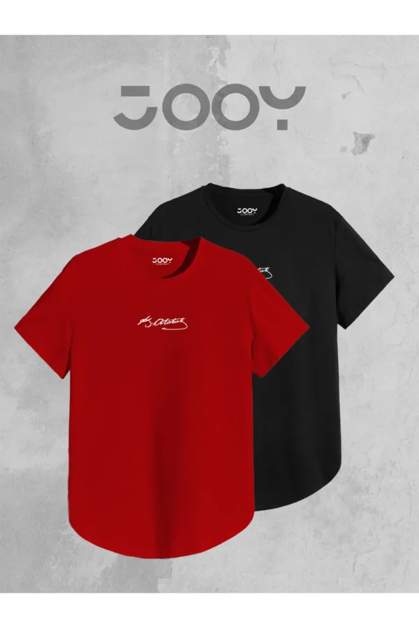 Atatürk imza Baskılı Siyah Kırmızı Oval Kesim Tshirt 2'li Set - M-alttext1