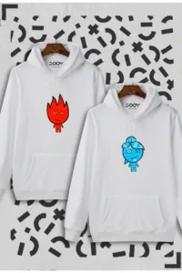 Ateş Ve Su Tasarım Sevgili Çift Kombini Beyaz Kapüşonlu Sweatshirt 2'li Set-alttext1