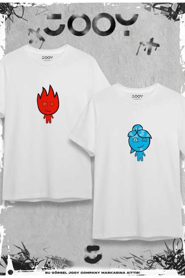 Ateş Ve Su Tasarım Sevgili Çift Kombini Beyaz Oversize Tshirt 2'li Set - S/M-alttext1