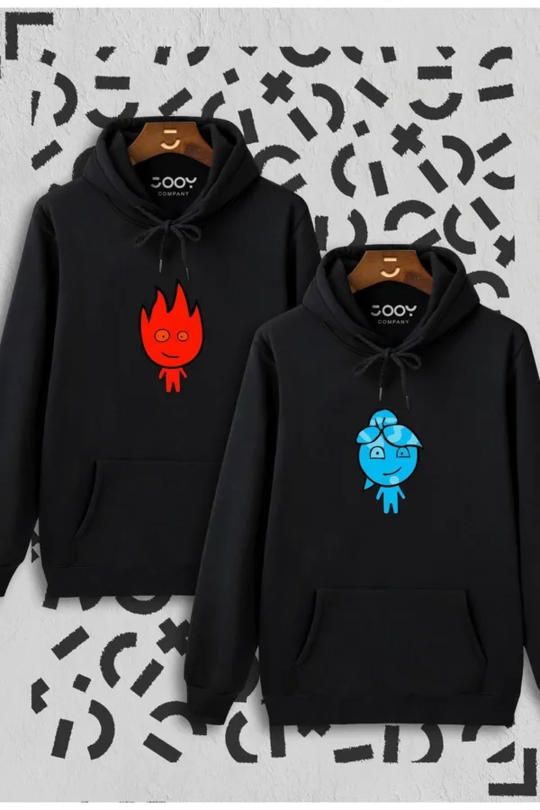 Ateş Ve Su Tasarım Sevgili Çift Kombini Siyah Kapüşonlu Sweatshirt 2'li Set - S/M-alttext1