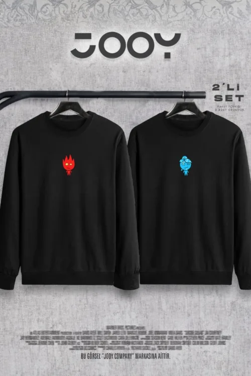Ateş ve Su Baskılı Sevgili Çift Kombini Bisiklet Yaka Sweatshirt 2’li Set
