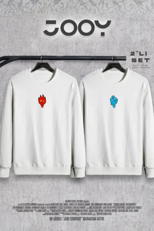Ateş ve Su Baskılı Sevgili Çift Kombini Bisiklet Yaka Sweatshirt 2’li Set