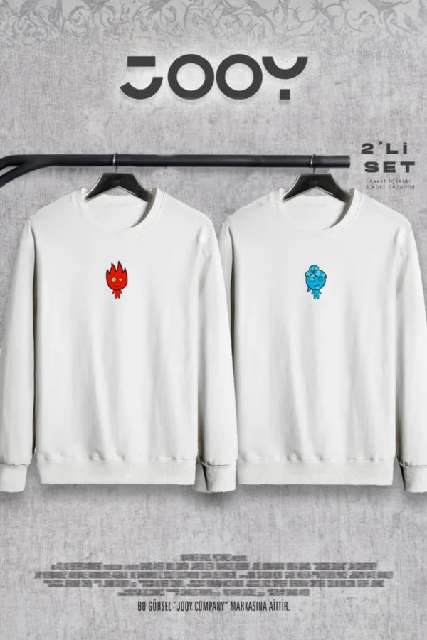 Ateş ve Su Baskılı Sevgili Çift Kombini Bisiklet Yaka Sweatshirt 2'li Set - M/XL-alttext1