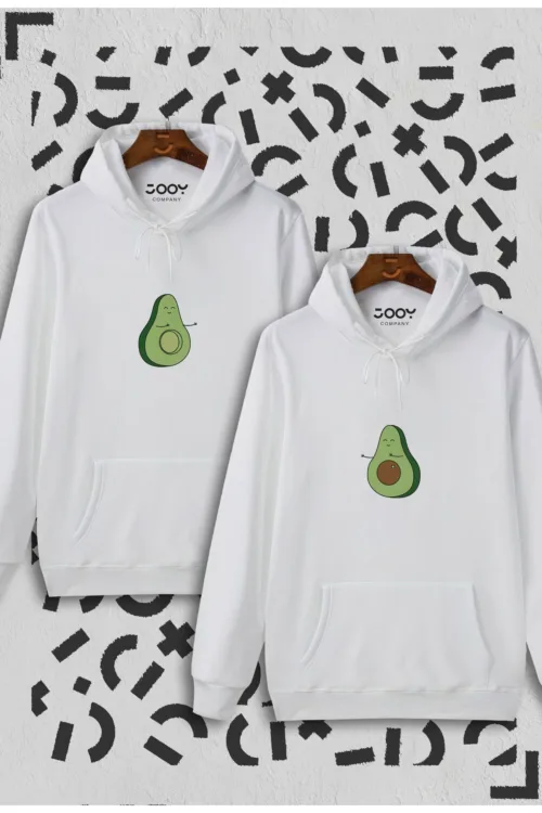 Avokado Tasarım Sevgili Çift Kombini Beyaz Kapüşonlu Sweatshirt 2’li Set