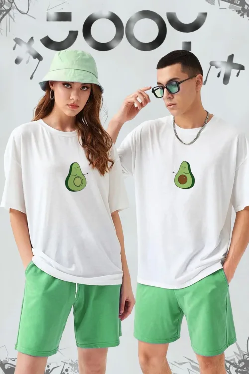 Avokado Tasarım Sevgili Çift Kombini Beyaz Oversize Tshirt 2’li Set
