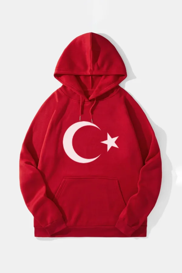 Ay Yıldız Türk Bayrağı Baskılı Kırmızı Kapüşonlu Sweatshirt - XL-alttext1