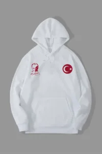 Ay Yıldız Türk Bayrağı ve Atatürk Baskılı Beyaz Kapüşonlu Sweatshirt-alttext1