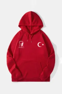 Ay Yıldız Türk Bayrağı ve Atatürk Baskılı Kırmızı Kapüşonlu Sweatshirt-alttext1