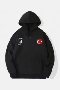 Ay Yıldız Türk Bayrağı ve Atatürk Baskılı Siyah Kapüşonlu Sweatshirt-alttext1