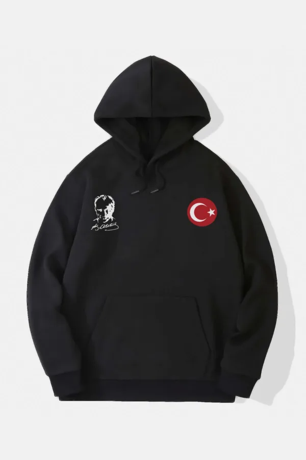 Ay Yıldız Türk Bayrağı ve Atatürk Baskılı Siyah Kapüşonlu Sweatshirt - S-alttext1