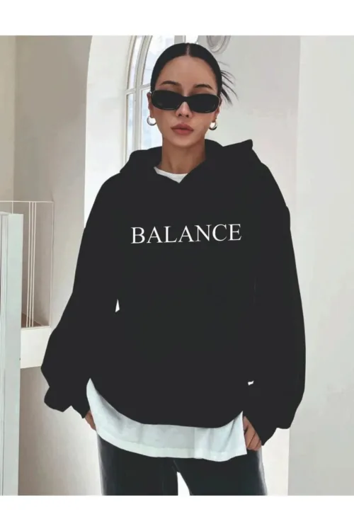 Balance Baskılı Siyah Kapüşonlu Sweatshirt Hoodie