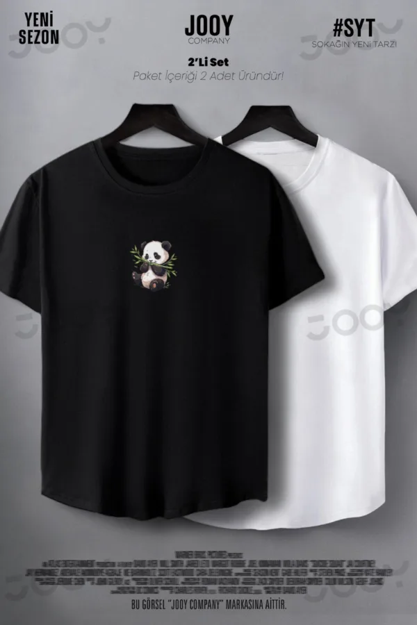 Bambu Panda Baskılı Siyah Beyaz Oval Kesim Slim Fit Tshirt 2'li Set - L-alttext2