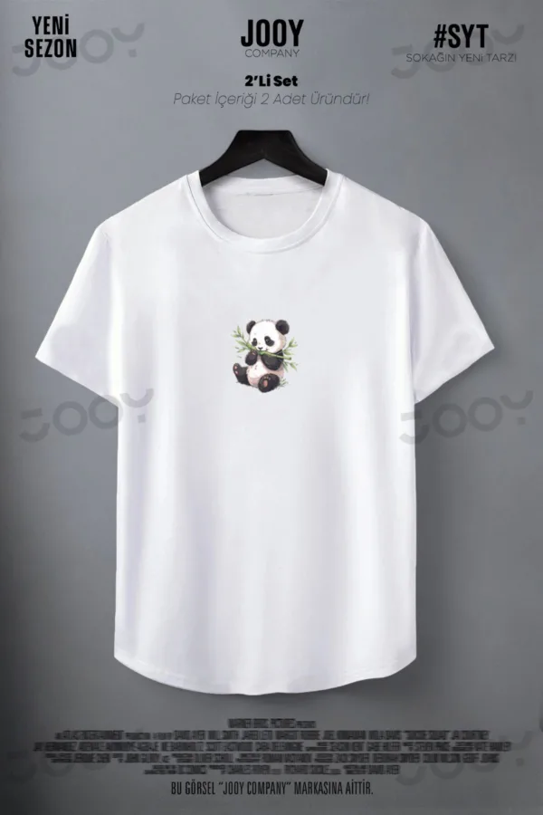 Bambu Panda Baskılı Siyah Beyaz Oval Kesim Slim Fit Tshirt 2'li Set - L-alttext3