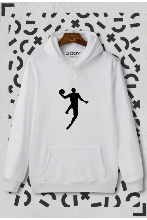 Basketball Player Baskılı Beyaz Kapüşonlu Sweatshirt