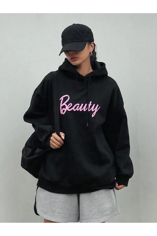 Beauty Baskılı Siyah Kadın Kapüşonlu Sweatshirt Hoodie - XL-alttext2