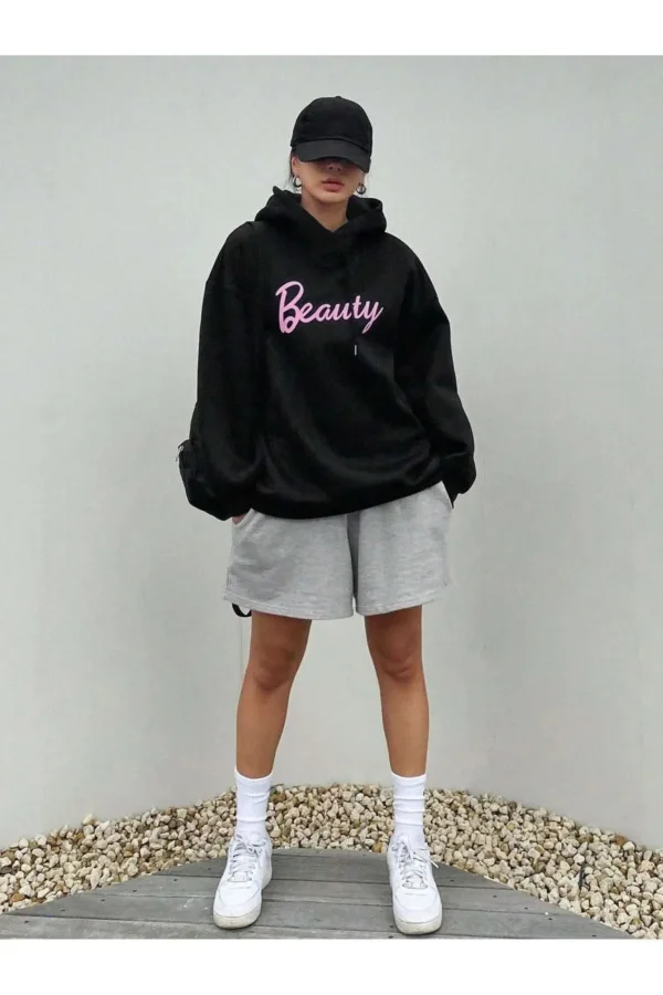 Beauty Baskılı Siyah Kadın Kapüşonlu Sweatshirt Hoodie - XL-alttext4