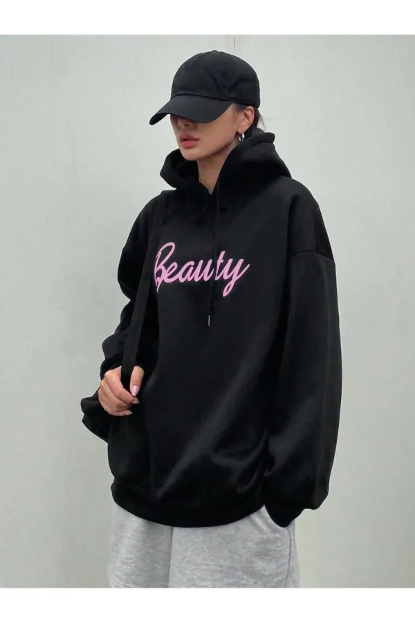 Beauty Baskılı Siyah Kadın Kapüşonlu Sweatshirt Hoodie - XL-alttext5