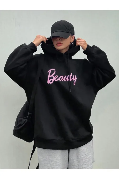Beauty Baskılı Siyah Kadın Kapüşonlu Sweatshirt Hoodie