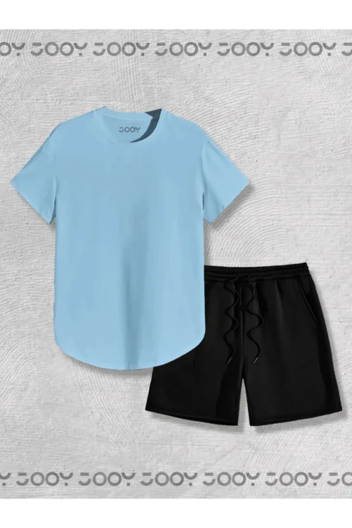 Bebe Mavi Oval Kesim Tshirt – Siyah Penye Şort 2’li Takım