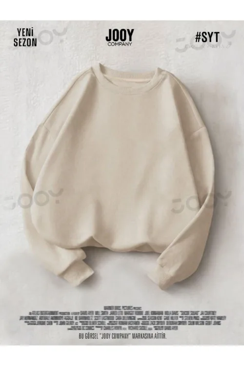 Bej 3 iplik Bisiklet Yaka Düz Baskısız Basic Sweatshirt