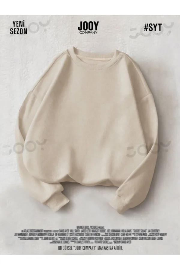 Bej 3 iplik Bisiklet Yaka Düz Baskısız Basic Sweatshirt - L-alttext1