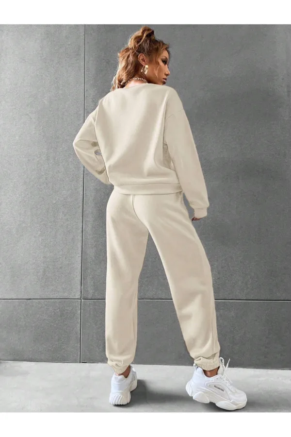 Bej Bisiklet Yaka Sweatshirt Bej Alt 3 İplik Kadın Eşofman Takımı - L-alttext3