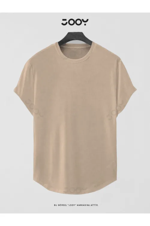 Bej Düz Baskısız Basic Slim Fit Oval Kesim T-Shirt