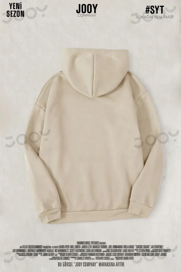 Bej Düz Baskısız Kalın Şardonlu 3 İplik Kapüşonlu Sweatshirt - L-alttext2