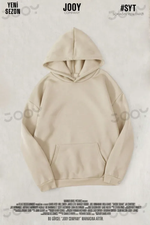 Bej Düz Baskısız Kalın Şardonlu 3 İplik Kapüşonlu Sweatshirt
