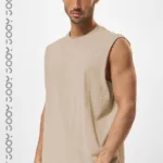 Bej Erkek Pamuklu Antrenman Sporcu Atleti Oversize Kolsuz T-Shirt - M-alttext1