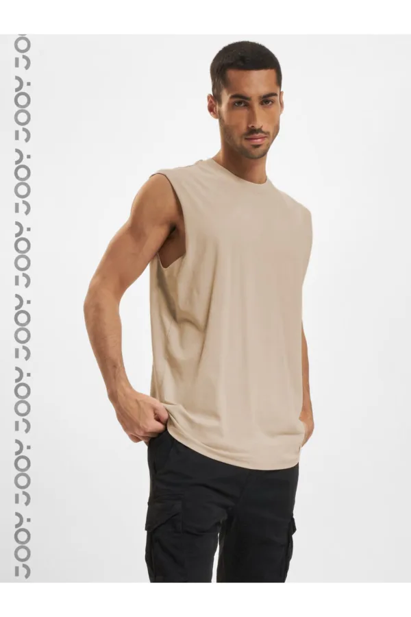 Bej Erkek Pamuklu Antrenman Sporcu Atleti Oversize Kolsuz T-Shirt - M-alttext3