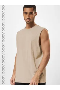 Bej Erkek Pamuklu Antrenman Sporcu Atleti Oversize Kolsuz T-Shirt-alttext1