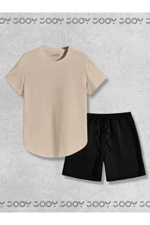 Bej Oval Kesim Tshirt – Siyah Penye Şort 2’li Takım
