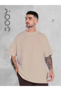 Bej Oversize Geniş Kalıp Düz Baskısız Basic Tshirt-alttext1