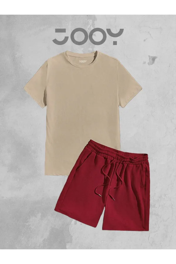 Bej Oversize Tshirt - Bordo Penye Şort Takım - M-alttext2