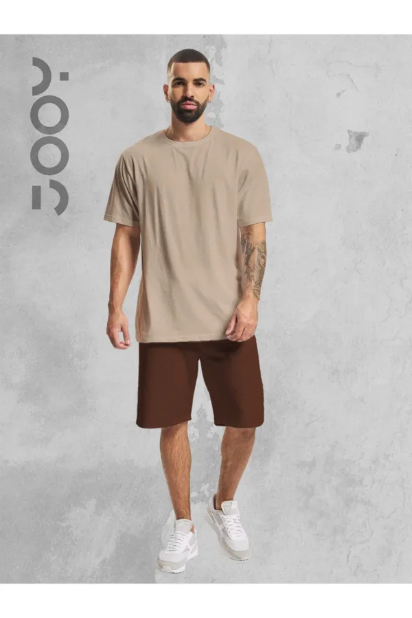 Bej Oversize Tshirt - Kahverengi Penye Şort Takım - XL-alttext1