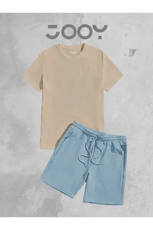 Bej Oversize Tshirt - Mavi Penye Şort Takım - L-alttext2