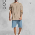 Bej Oversize Tshirt - Mavi Penye Şort Takım - L-alttext1