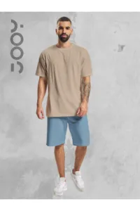 Bej Oversize Tshirt - Mavi Penye Şort Takım-alttext1