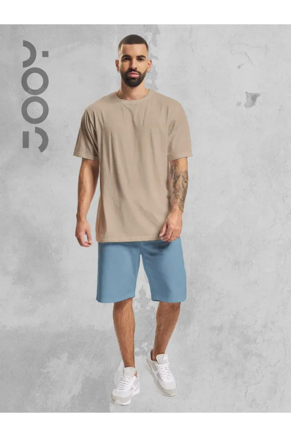 Bej Oversize Tshirt - Mavi Penye Şort Takım - L-alttext1
