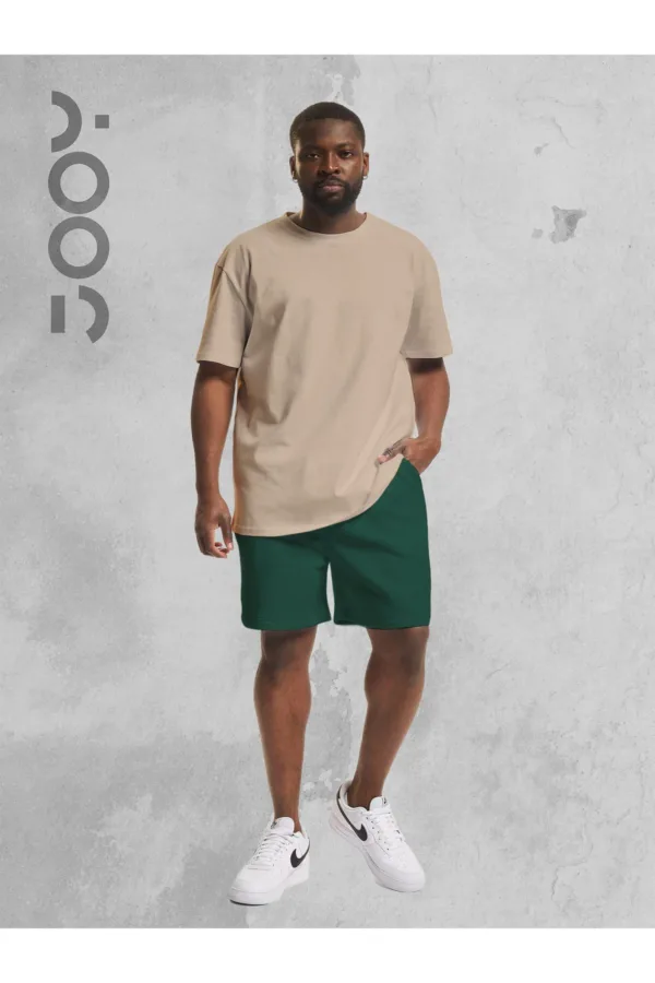 Bej Oversize Tshirt - Yeşil Penye Şort Takım-alttext1