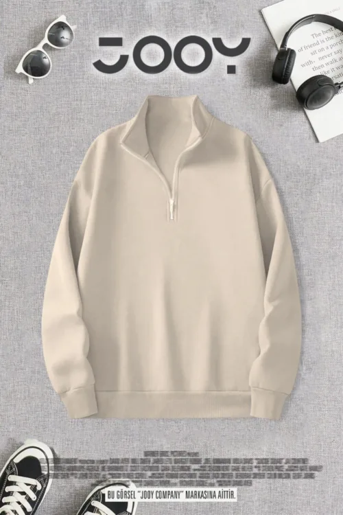 Bej Yarım Fermuarlı 3 İplik Sweatshirt