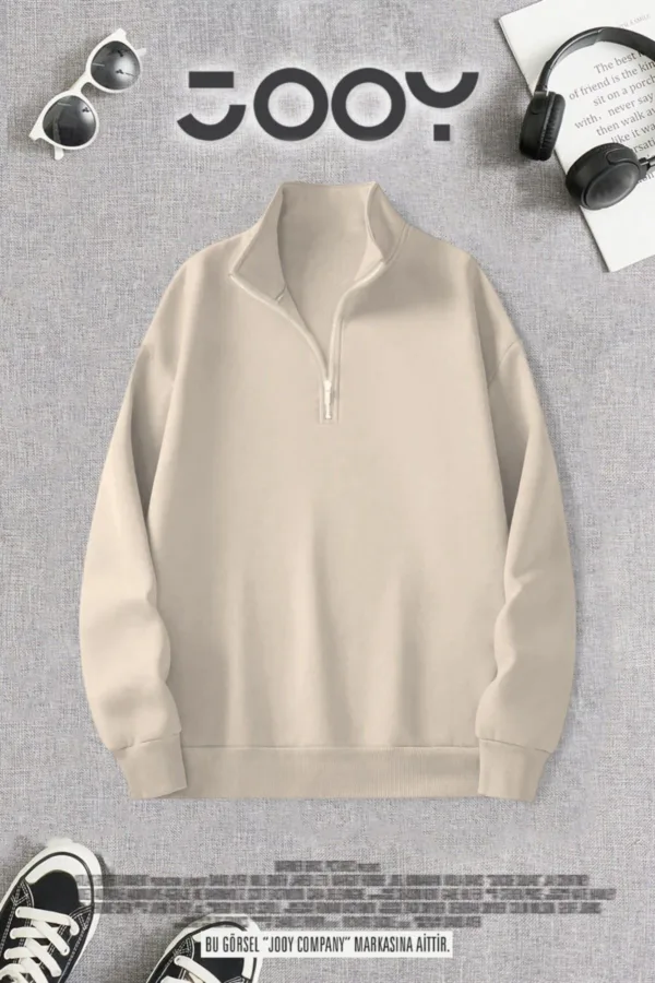 Bej Yarım Fermuarlı 3 İplik Sweatshirt - M-alttext1