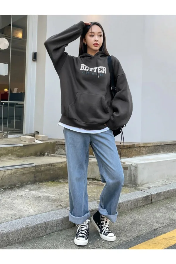 Better Baskılı Duman Gri Füme Kadın Kapüşonlu Sweatshirt Hoodie - M-alttext3