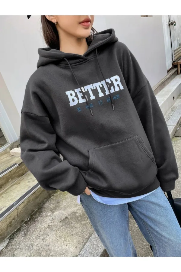 Better Baskılı Duman Gri Füme Kadın Kapüşonlu Sweatshirt Hoodie - M-alttext4
