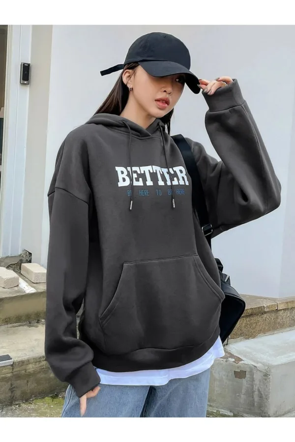 Better Baskılı Duman Gri Füme Kadın Kapüşonlu Sweatshirt Hoodie - M-alttext5