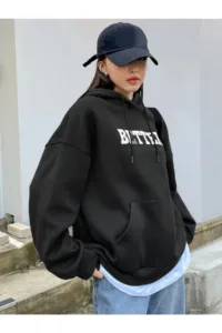 Better Baskılı Siyah Kadın Kapüşonlu Sweatshirt Hoodie-alttext1